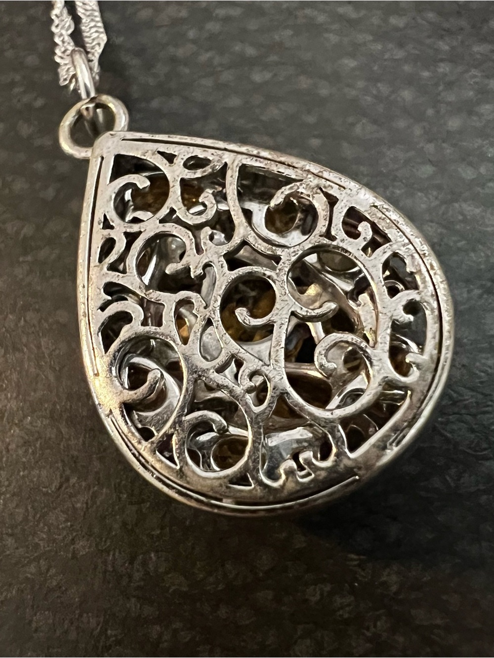 Sterling silver Filigree Teardrop Pendant Necklace - citrine stones